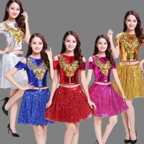 Royal blue silver red fuchsia hot pink gold paillette modern dance girl's women's jazz singers dancers hiphop  cheerleader performance dresses costumes
